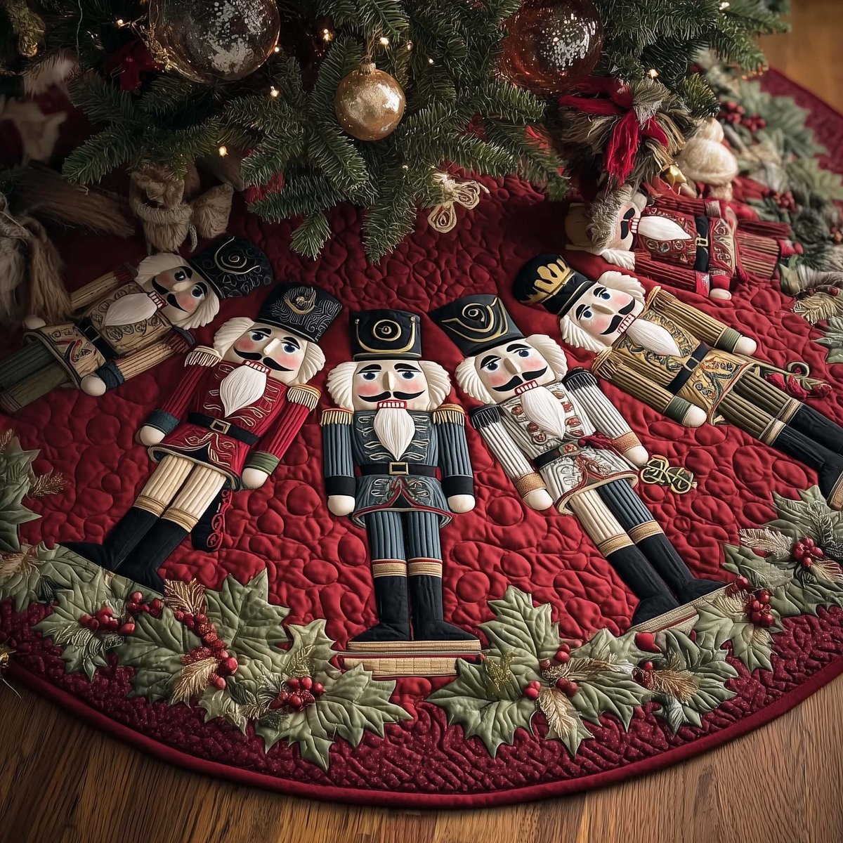 Nutcrackers on the Berry Holly Ring Christmas Tree Skirt - Made to Order TREEK101