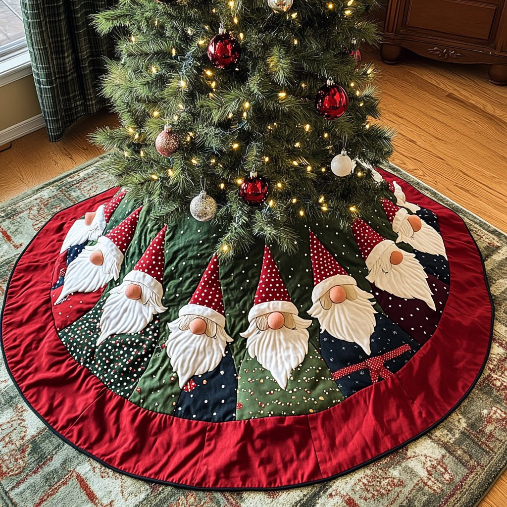 Gnomes on the Red Wedge Panels Christmas Tree Skirt - Made to Order TREEK101