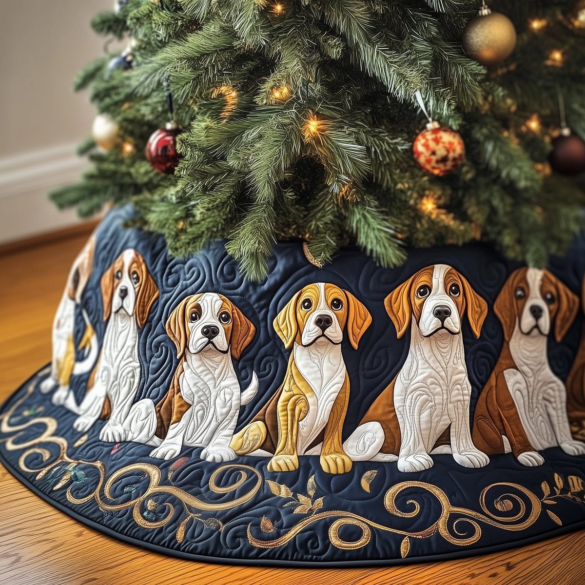 Beagles on the Navy Gold Scroll Christmas Tree Skirt - Made to Order TREEK101