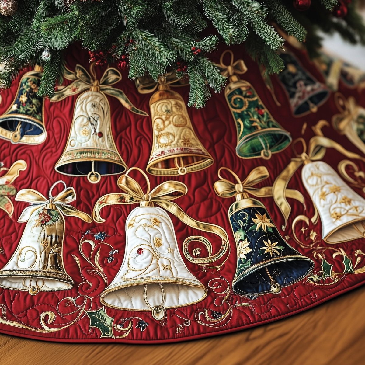 Golden Bells on Crimson Quilt Christmas Tree Skirt - Made to Order TREEK101
