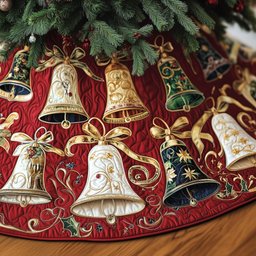 Golden Bells on Crimson Quilt Christmas Tree Skirt - Made to Order TREEK101