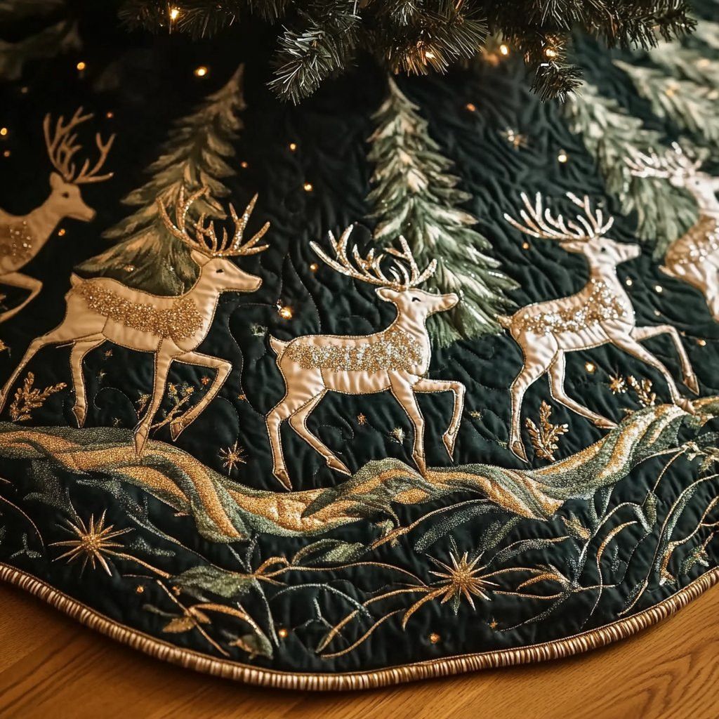 Golden Reindeer on Dark Green Christmas Tree Skirt - Made to Order TREEK101