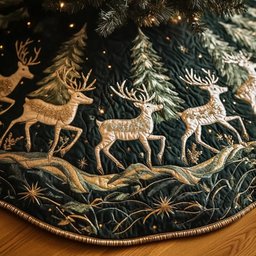 Golden Reindeer on Dark Green Christmas Tree Skirt - Made to Order TREEK101