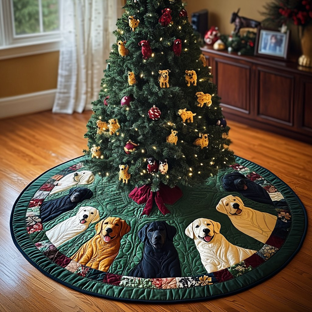 Lab Family on the Ivory Patch Hem Christmas Tree Skirt - Made to Order TREEK101