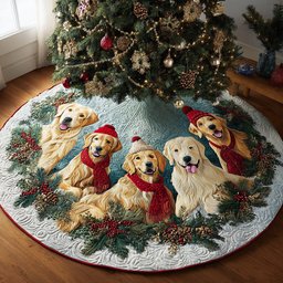 Goldens in Hats on the Tartan Ring Christmas Tree Skirt - Made to Order TREEK101