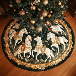 Carousel Horses on Emerald Gold Christmas Tree Skirt - Made to Order TREEK101