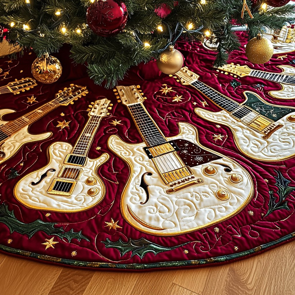 Ivory Guitars with Gold Stars Christmas Tree Skirt - Made to Order TREEK101