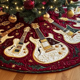 Ivory Guitars with Gold Stars Christmas Tree Skirt - Made to Order TREEK101
