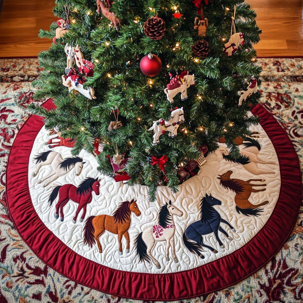 Horse Herd on the Crimson Ring Christmas Tree Skirt - Made to Order TREEK101