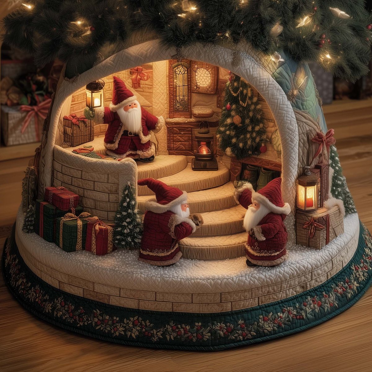 Santas in the Stone Stair Grotto Christmas Tree Skirt - Made to Order TREEK101