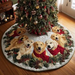 Goldens in Santa Hats on Teal Christmas Tree Skirt - Made to Order TREEK101