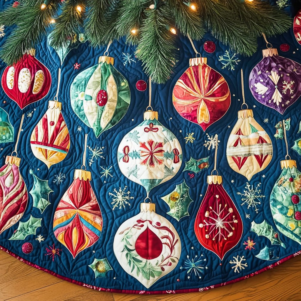 Vintage Baubles on Sapphire Blue Christmas Tree Skirt - Made to Order TREEK101