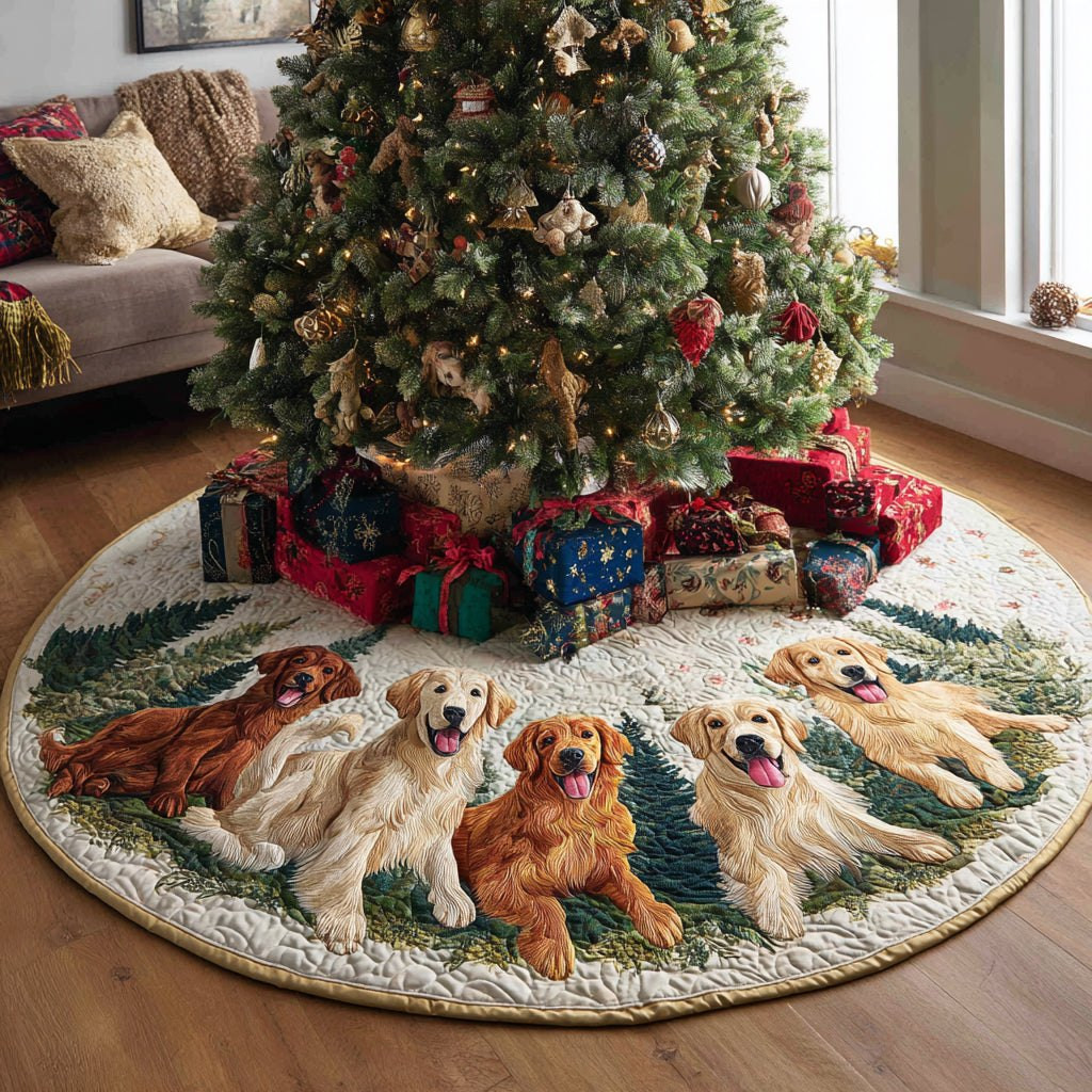 Goldens with Gifts on the Chevron Hem Christmas Tree Skirt - Made to Order TREEK101