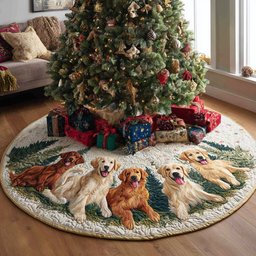 Goldens with Gifts on the Chevron Hem Christmas Tree Skirt - Made to Order TREEK101