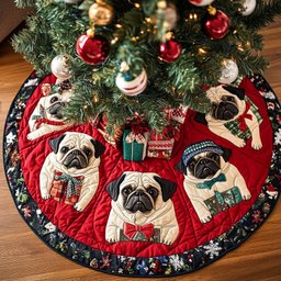 Pugs with Bows on the Ruby Border Christmas Tree Skirt - Made to Order TREEK101