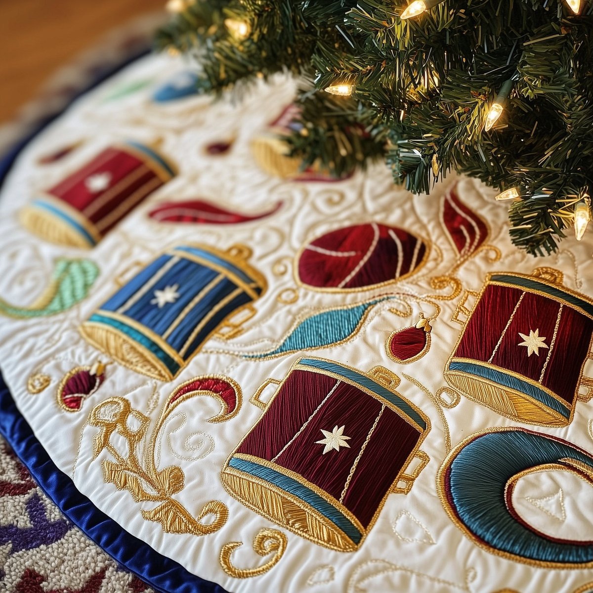 Drums and Baubles in Gold Scroll Christmas Tree Skirt - Made to Order TREEK101