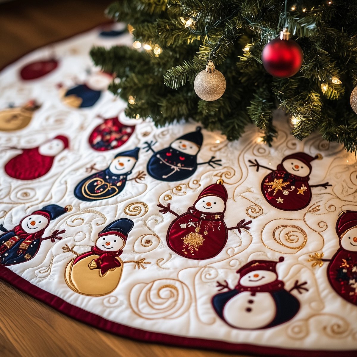 Gilded Snowman Waltz Christmas Tree Skirt - Made to Order TREEK101
