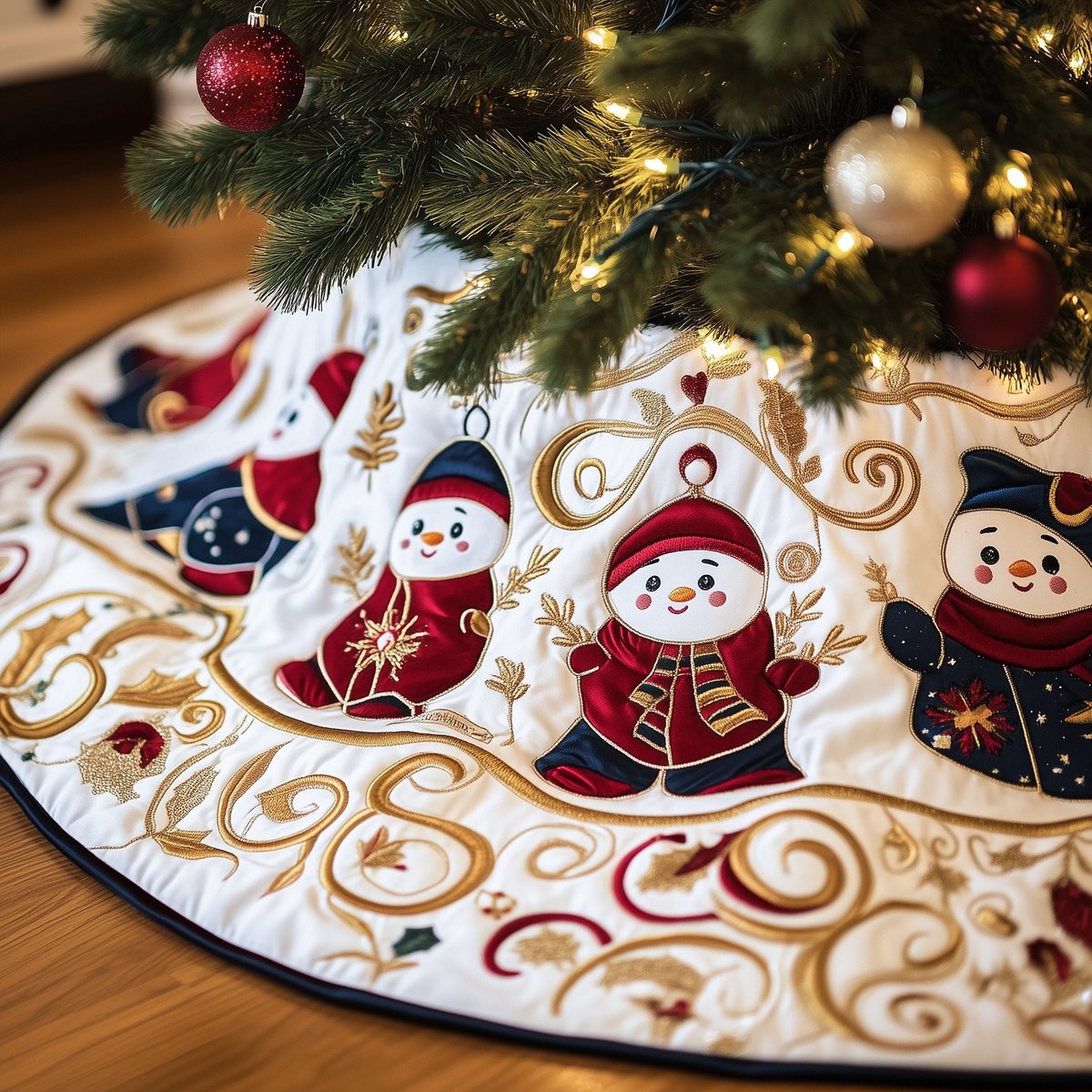 Snowman Waltz on Winter White Christmas Tree Skirt - Made to Order TREEK101
