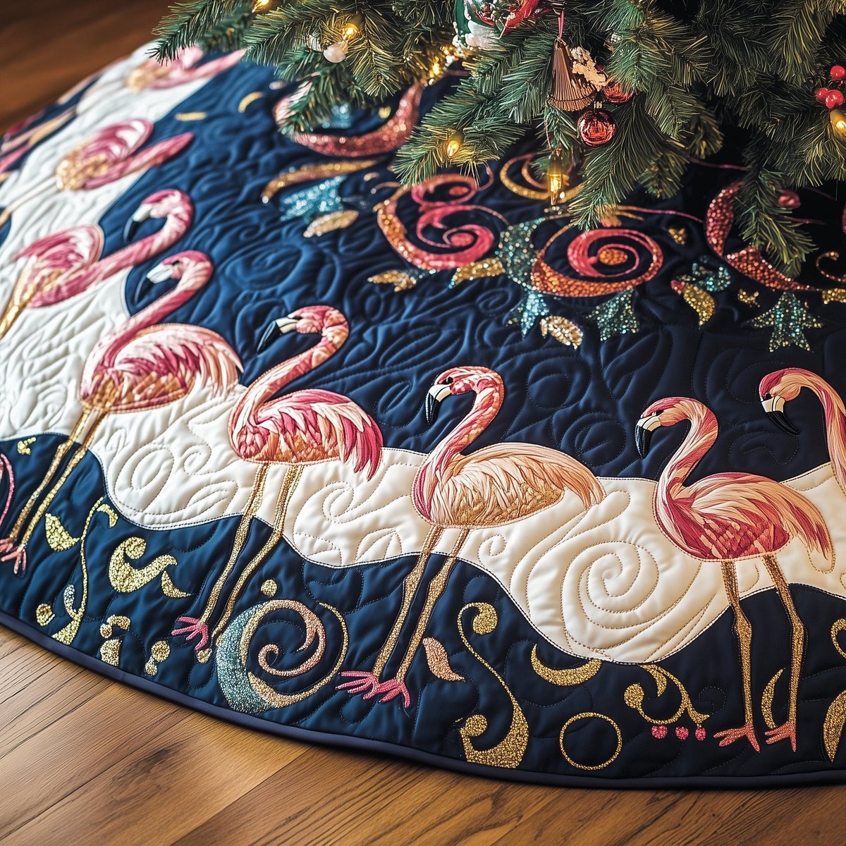 Flamingos on the Navy Gold Hem Christmas Tree Skirt - Made to Order TREEK101