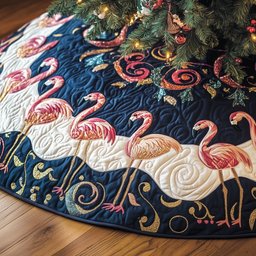 Flamingos on the Navy Gold Hem Christmas Tree Skirt - Made to Order TREEK101