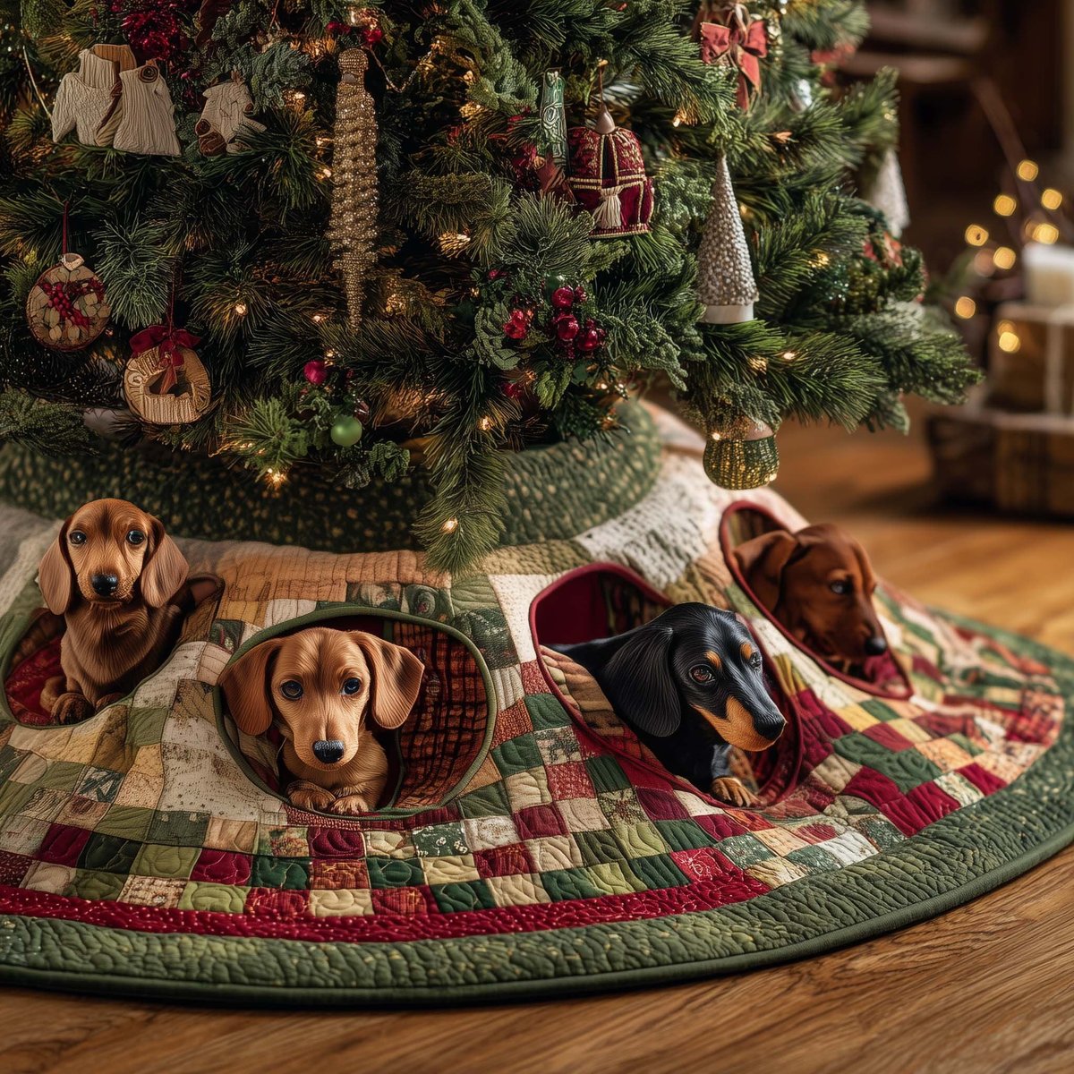 Dachshunds in the Chequer Quilt Christmas Tree Skirt - Made to Order TREEK101