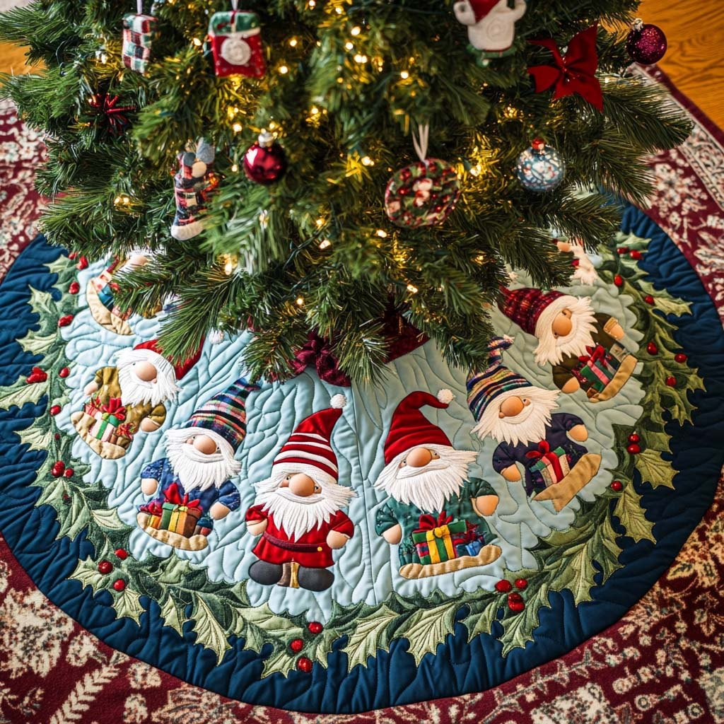 Gnomes with Gifts on Navy Christmas Tree Skirt - Made to Order TREEK101