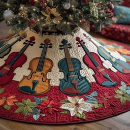 Violins with Poinsettias on Ruby Christmas Tree Skirt - Made to Order TREEK101