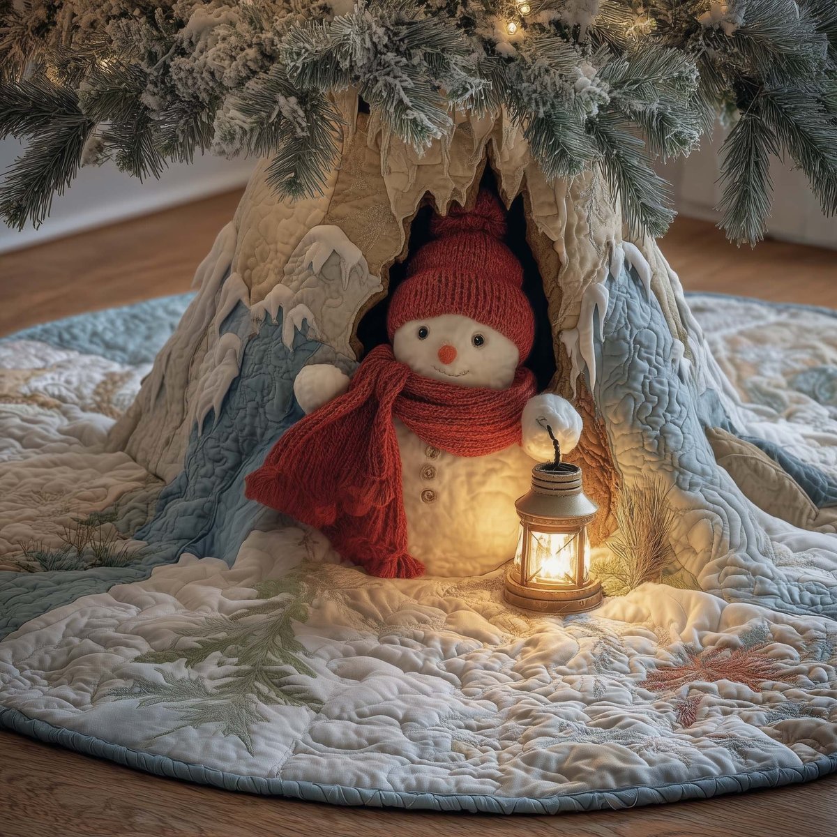 Lantern Snowman in a Red Scarf Christmas Tree Skirt - Made to Order TREEK101