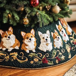 Corgis on the Emerald Gold Scroll Christmas Tree Skirt - Made to Order TREEK101