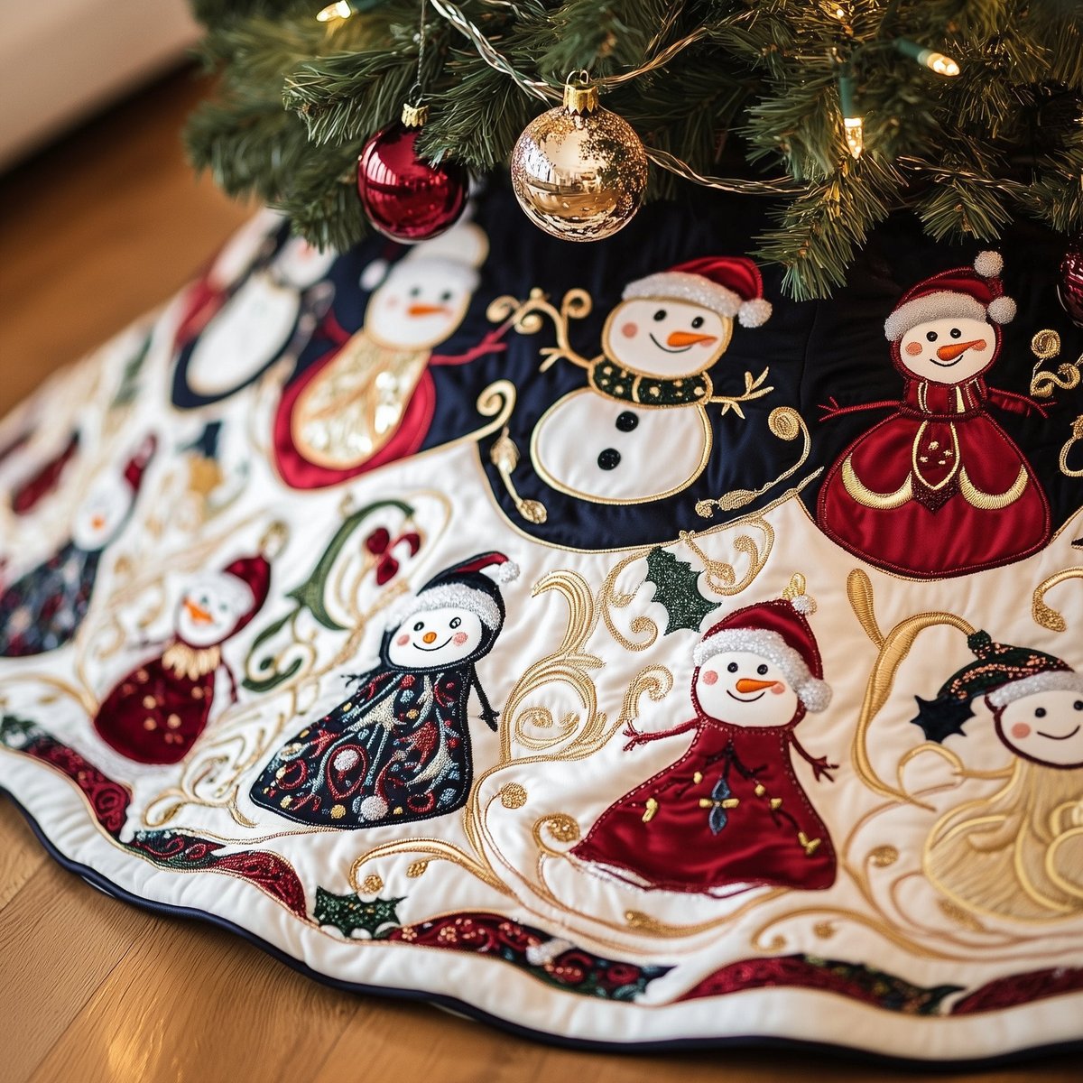 Dancing Snowmen in Red Dresses Christmas Tree Skirt - Made to Order TREEK101