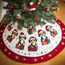 Beagles in Santa Hats on Red Christmas Tree Skirt - Made to Order TREEK101