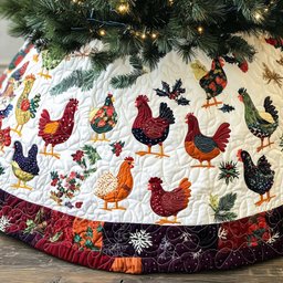 Folk Hens in the Flower Border Christmas Tree Skirt - Made to Order TREEK101