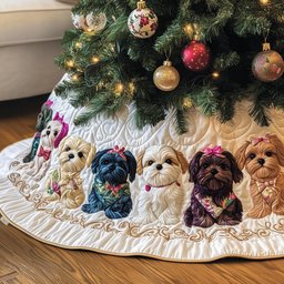 Shih Tzus in Bows on Cream Christmas Tree Skirt - Made to Order TREEK101