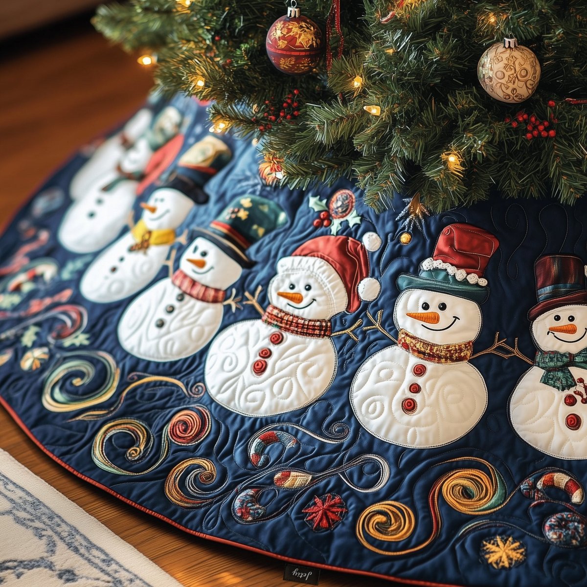 Snowman Pair in Winter Wool Christmas Tree Skirt - Made to Order TREEK101