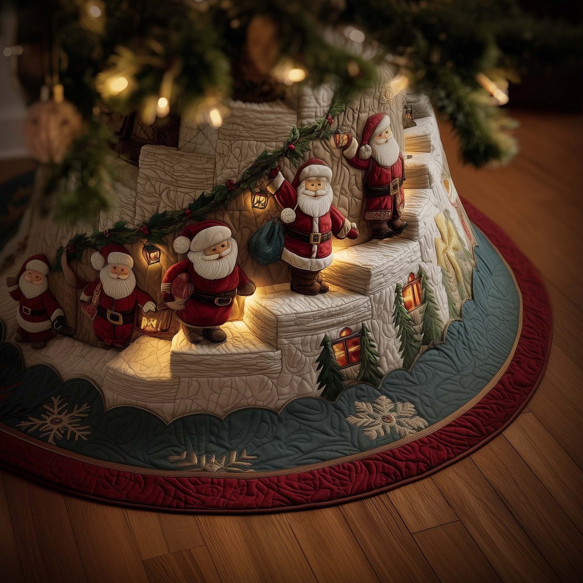 Santas Climbing the Snow Steps Christmas Tree Skirt - Made to Order TREEK101