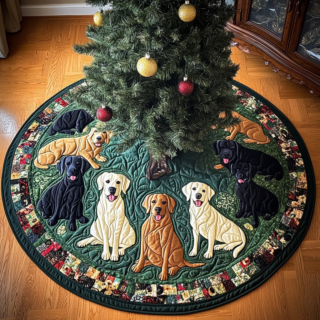 Labrador Trio on Evergreen Christmas Tree Skirt - Made to Order TREEK101