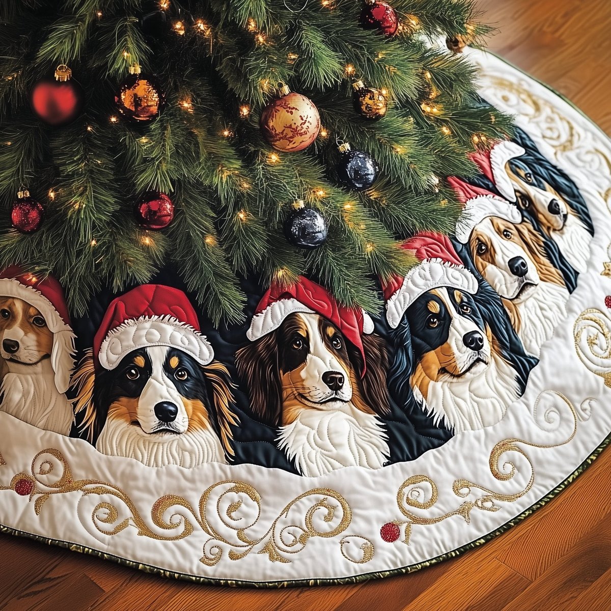 Aussie Shepherds in Santa Hats Christmas Tree Skirt - Made to Order TREEK101