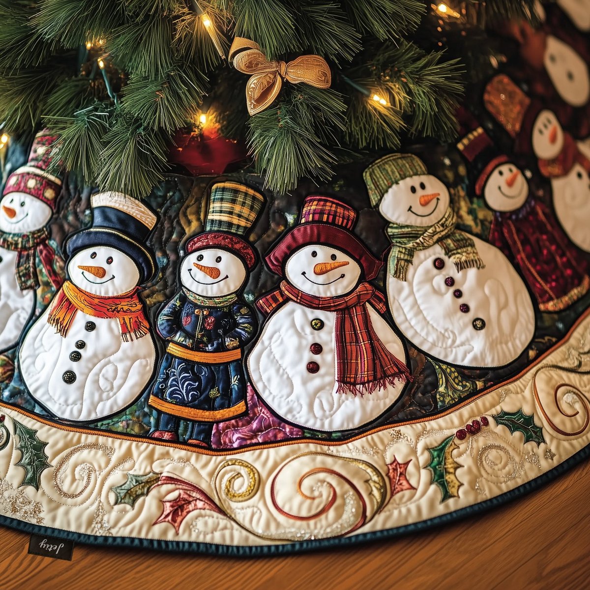 Vintage Snowman Row on Cream Christmas Tree Skirt - Made to Order TREEK101