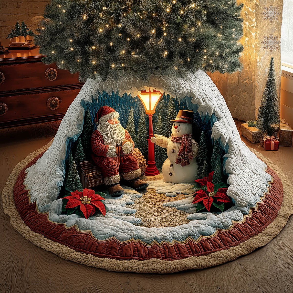 Santa and Snowman by the Lamp Christmas Tree Skirt - Made to Order TREEK101