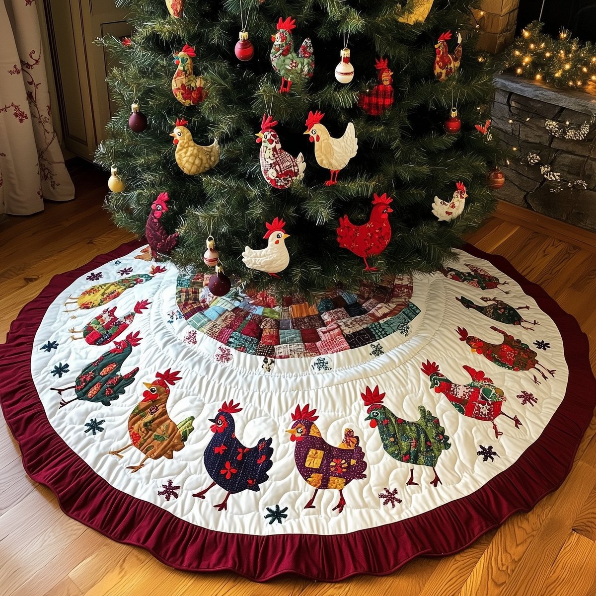 Chicken Run with Ruffle Trim Christmas Tree Skirt - Made to Order TREEK101