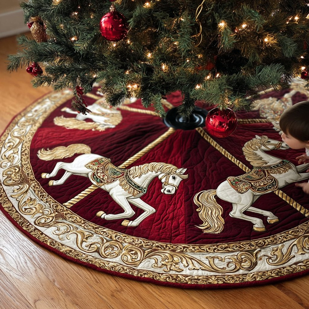 Carousel Horses on Crimson Gold Christmas Tree Skirt - Made to Order TREEK101