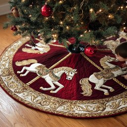 Carousel Horses on Crimson Gold Christmas Tree Skirt - Made to Order TREEK101
