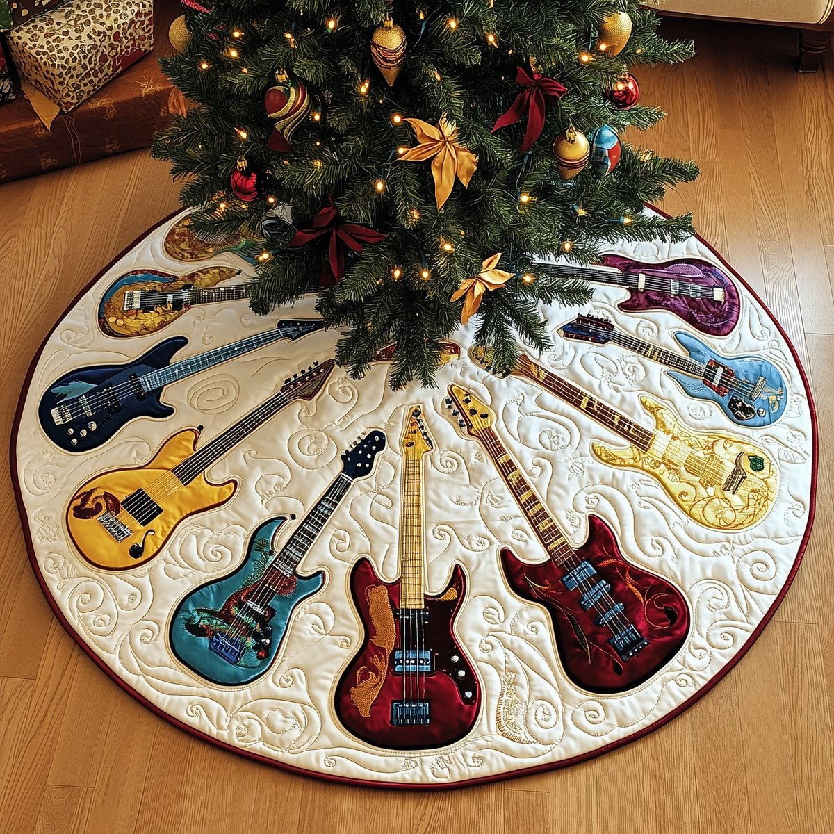 Guitar Wheel on Ivory Quilt Christmas Tree Skirt - Made to Order TREEK101