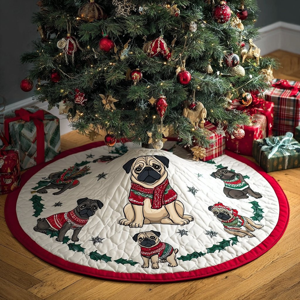 Pug in a Red Scarf on Ivory Christmas Tree Skirt - Made to Order TREEK101