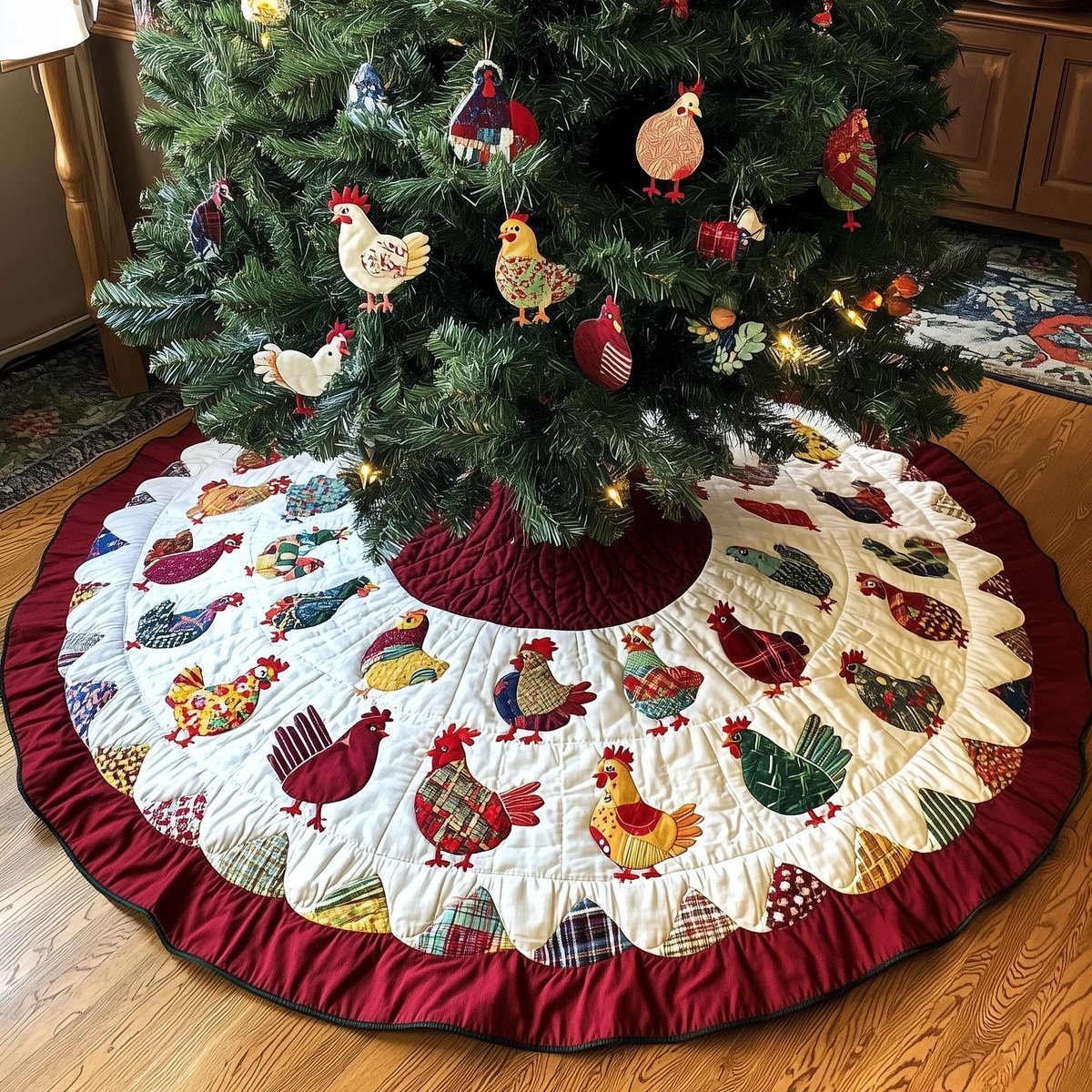 Songbird Hens in the Leaves Christmas Tree Skirt - Made to Order TREEK101
