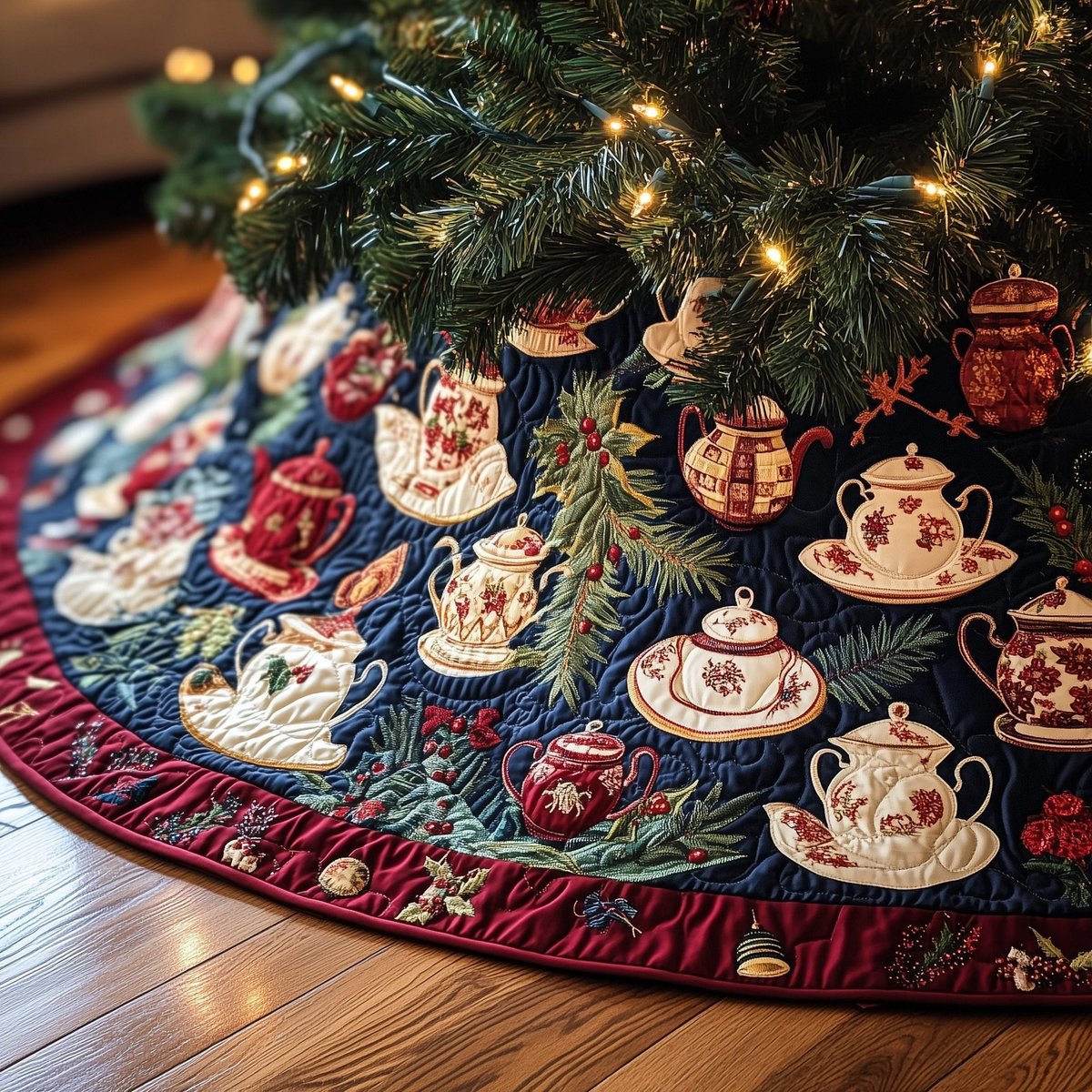 Teapot Collection on Navy Christmas Tree Skirt - Made to Order TREEK101