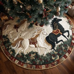White and Black Horses in the Pines Christmas Tree Skirt - Made to Order TREEK101