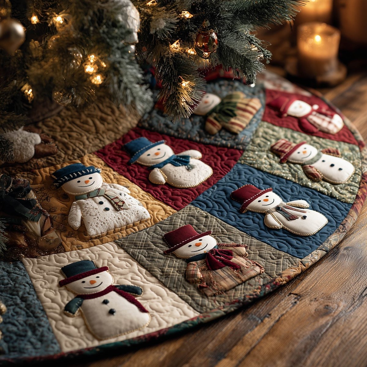 Snowman Five on the Ruby Scroll Christmas Tree Skirt - Made to Order TREEK101