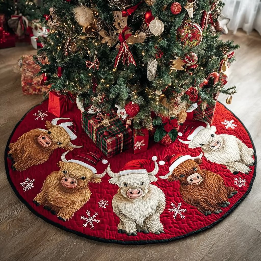Highland Cows in Santa Hats on Red Christmas Tree Skirt - Made to Order TREEK101