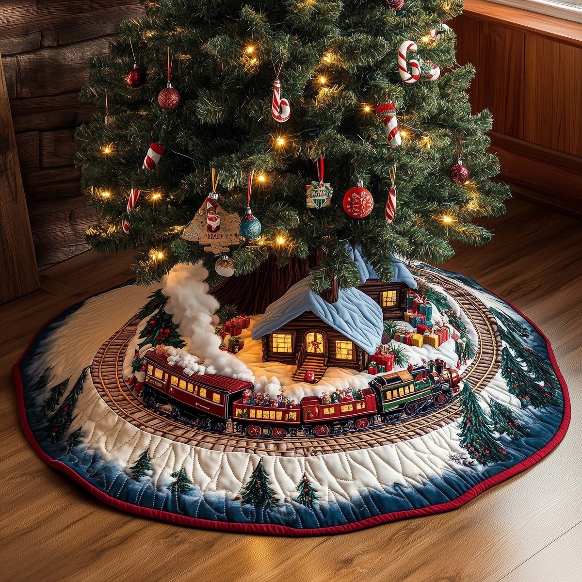 Train Circling the Snow Village Christmas Tree Skirt - Made to Order TREEK101